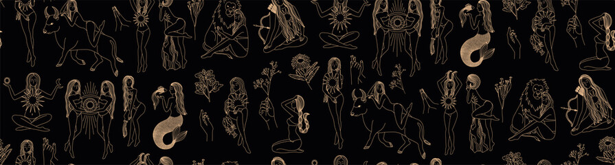 Wall Mural - seamless pattern - signs of the zodiac. gold illustration of astrological signs on a dark background
