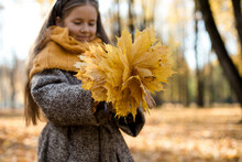 Smiling Girl Looking At Yellow Autumn Leaves In Park