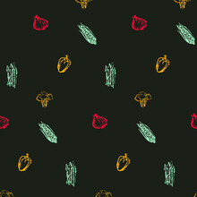 Bright Funky Vegetable Vector Pattern On The Dark Background. Line Contoured Vegetable Elements. Red Onions, Yellow Peppers, Blue Asparagus, Yellow Broccoli. Simple Veggies. 