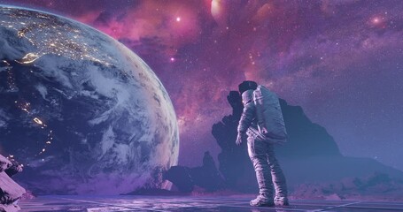 Wall Mural - an astronaut on alien planet watching earth and stars, standing between rocks on launchpad