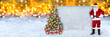 © stockphoto-graf - red white Santa claus with christmas tree gifts and empty copy space concrete pattern wall in front snow warm golden bokeh lights background