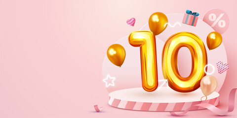 10 percent Off. Discount creative composition. Sale symbol with decorative objects, heart shaped balloons, golden confetti, podium and gift box. Sale banner and poster.