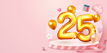 25 Percent Off. Discount Creative Composition. Golden Sale Symbol With Decorative Objects, Heart Shaped Balloons And Gift Box. Sale Banner And Poster. 
