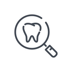 Poster - Examination of teeth and treatment line icon. Magnifier and tooth vector outline sign.