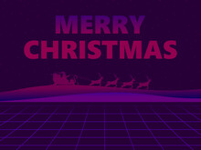 Santa Claus In A Sleigh With Reindeer In 80s Virtual Reality. Synthwave And Retrowave Style. Merry Christmas Lettering. Design Of A Greeting Card, Banner And Promoted Products. Vector Illustration