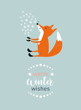 The Cute Fox Catching Snowflakes. Winter Illustration. Christmas And New Year Card	
