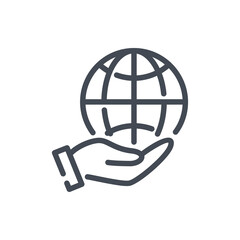 Poster - Globe care line icon. Hand holding the planet vector outline sign.