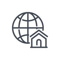 Poster - Home location line icon. Planet with house building vector outline sign.
