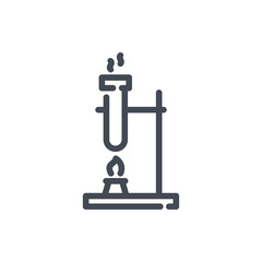 Poster - heating of test tube with liquid line icon. chemical reaction on stand with flame and laboratory gla