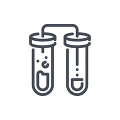 Poster - Distillation process from test tubes with liquid line icon. Chemical reaction with liquid and glassware vector outline sign.