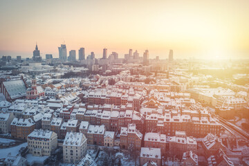 Wall Mural - Warsaw downtown and city center at dusk, aerial winter panorama