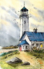 Watercolor illustration of a lighthouse with an additional building on a green hill with pink sunset skies in the background 