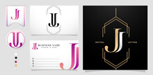 Illustration Of JJ Initial Letter And Graphic Name, JJ Logo For Wedding Couple Monogram, Logo Company And Business Name Card, With Black White Color, Gold And Gradient Purple Color Isolated Background