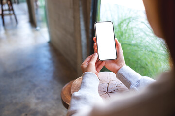 mockup image of a woman holding mobile phone with blank desktop screen