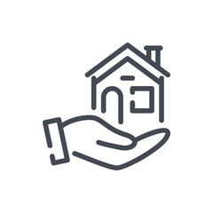 Wall Mural - Home care line icon. Hand with house vector outline sign.