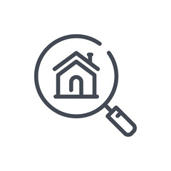 Sticker - Real estate search line icon. Magnifier glass with house building vector outline sign.