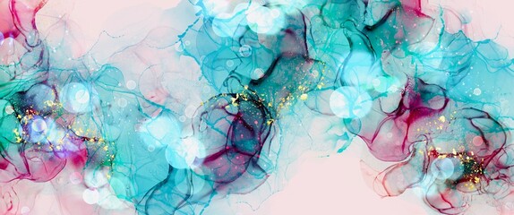 Wall Mural - blue and purple accent background with yellow gold design sparkles, turquoise alcohol ink background