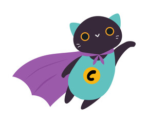 Sticker - Flying Black Cat Animal Superhero Dressed in Purple Cloak Vector Illustration