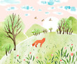 Nature watercolor vector landscape with fox, birds, meadow, trees, sunrise and mountains. Spring hand draw vector Illustration