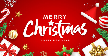 Wall Mural - Merry Christmas text, ornament banners design on red background, Eps 10 vector illustration