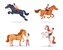 Rides Horses. Equestrian Riders On Horseback Funny Domestic Animals Exact Vector Illustrations Of Horses