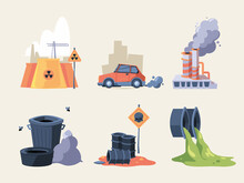 Industrial Waste. Toxic Urban Liquid Garbage And City Pollution From Cars Garish Vector Concept Pictures Collection