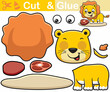 Vector illustration of funny lion cartoon with fresh meat. Education paper game for children. Cutout and gluing