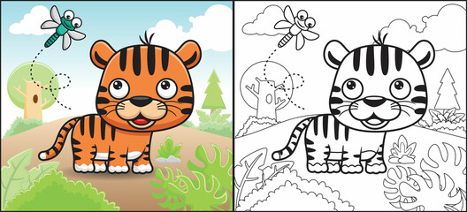 Sticker - Coloring book or page of funny tiger cartoon with dragonfly in forest