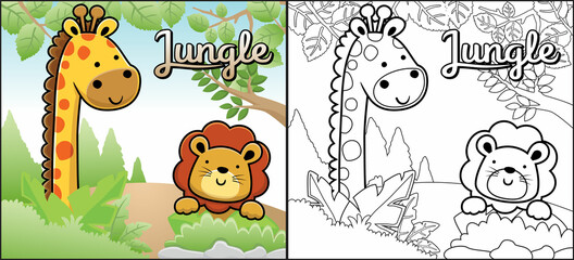 Sticker - Coloring book or page of funny animals cartoon. Giraffe with lion in jungle