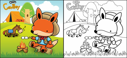 Wall Mural - Coloring book or page of fox cartoon wearing cowboy costume grilling meat in camp ground meanwhile horse sleeping on grass