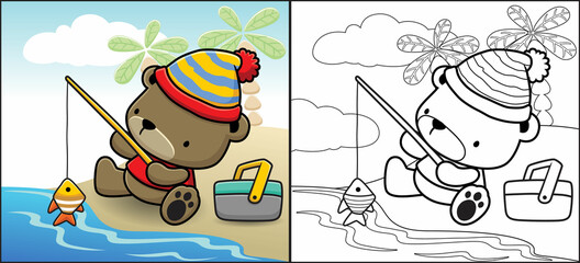 Wall Mural - Coloring book or page of cute bear cartoon wearing beanie fishing in the beach