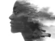 A black and white profile portrait of a woman combined with abstract watercolor strokes. Paintography.