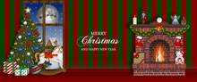 Merry Christmas Banner With Fireplace, Christmas Tree And Toys