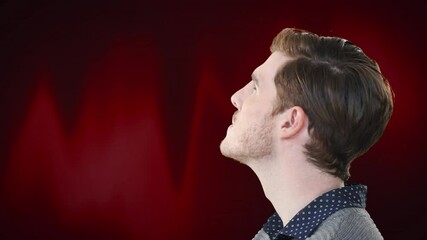 Poster - Animation of inquisitive, puzzled man looking around on dark red background