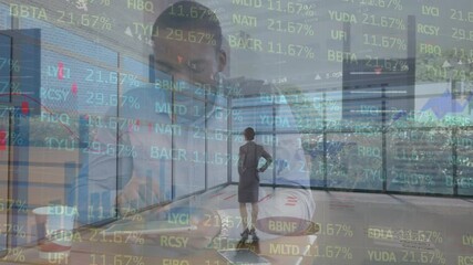 Poster - Animation of statistics processing over businesswoman and businessman using tablet