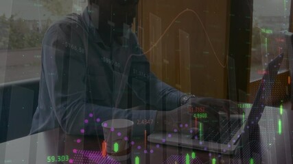 Poster - Animation of statistics processing over businessman using laptop