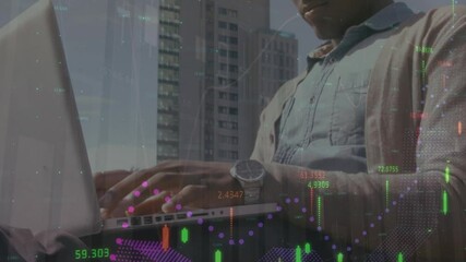 Poster - Animation of statistics processing over businessman using laptop