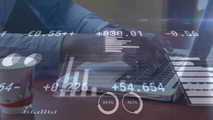 Poster - Animation of statistics processing over businessman using laptop