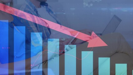 Poster - Animation of red arrow and statistics processing over woman using smartphone
