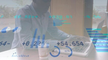 Poster - Animation of statistics processing over businessman using laptop