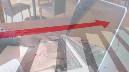 Poster - Animation of red arrow and statistics processing over businessman using laptop