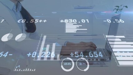 Poster - Animation of statistics processing over male doctor using laptop