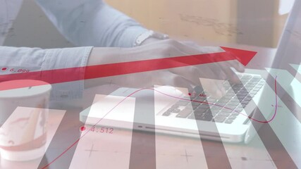 Poster - Animation of red arrow and statistics processing over businessman using laptop