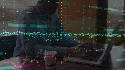 Poster - Animation of statistics processing over businessman using laptop