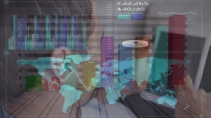 Poster - Animation of statistics processing over smiling man using tablet