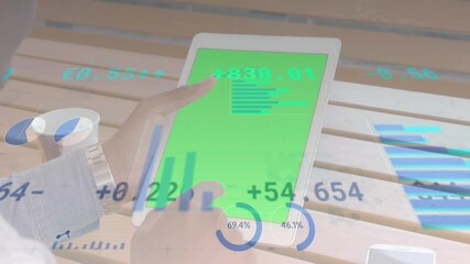 Poster - Animation of statistics processing over businessman using tablet with green screen