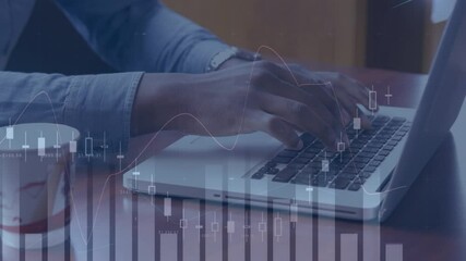 Poster - Animation of statistics processing over businessman using laptop