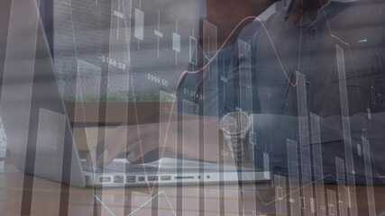Poster - Animation of statistics processing over businessman using laptop
