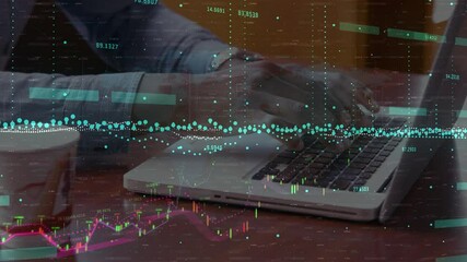 Poster - Animation of statistics processing over businessman using laptop