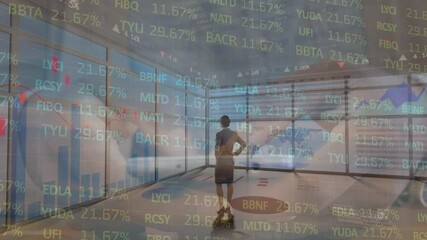 Poster - Animation of financial data processing over man using smartphone